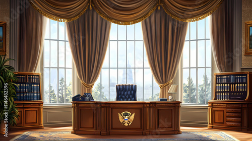 Oval-shaped office with elegant classical design, large windows with curtains, presidential desk. Ecliptical. Illustration