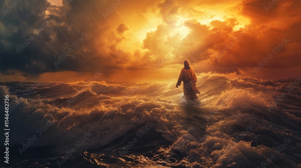 Fototapeta premium Man in robe walks on stormy sea, fiery sunset.