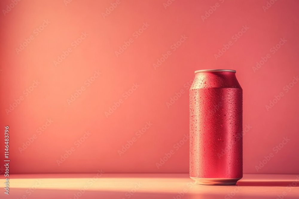 A close-up of a condensation-covered red beverage can against a pink background. A close-up of a condensation-covered red beverage can against a pink background.