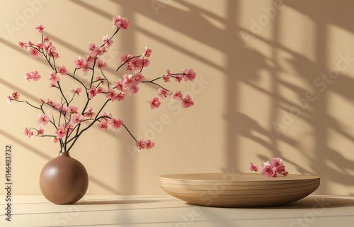 A 3D backdrop with a beige podium and wooden display, featuring a sakura pink flower tree branch, ideal for promoting cosmetic or beauty products on a floral pedestal. Abstract minimal advertising photo