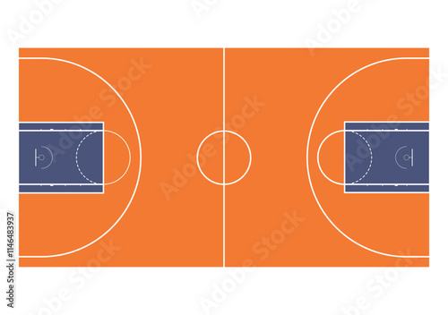 Basketball court flat, play field for game with ball, sport arena with hoop, team match, layout outline floor, competition stadium graphic, activity training zone, vector illustration