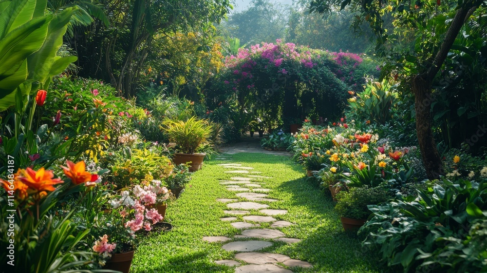 Obraz premium Serene Garden Path Amidst Lush Blooming Flowers