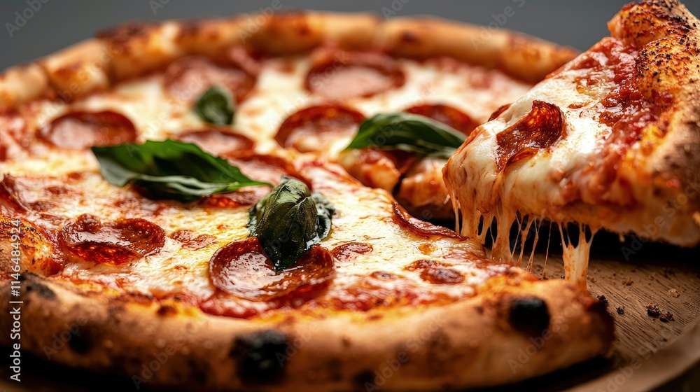 Delicious pepperoni pizza with melted cheese and basil. (2) Delicious pepperoni pizza with melted cheese and basil. (2)