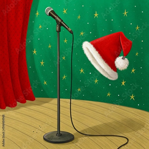 A microphone adorned with a Santa hat placed on a stage, ready for a festive performance.