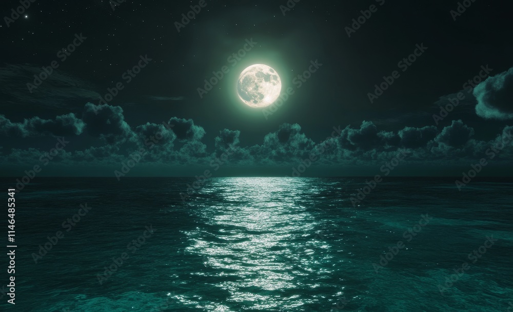 Full moon over dark ocean at night. Full moon over dark ocean at night.