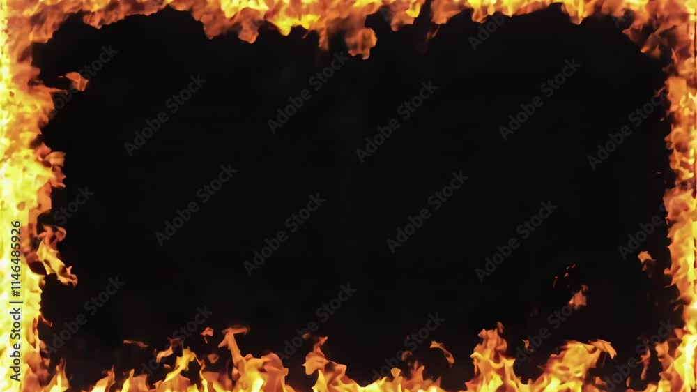 Fire framing overlay, orange blaze isolated on black alpha key background. Burning flame border motion graphics. Hellfire flaming horizontal screen borders cut out mockup frame element.