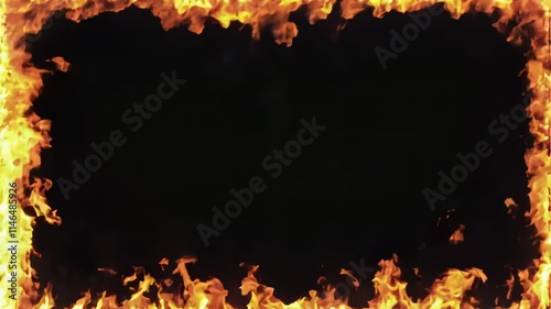 Fire framing overlay, orange blaze isolated on black alpha key background. Burning flame border motion graphics. Hellfire flaming horizontal screen borders cut out mockup frame element.