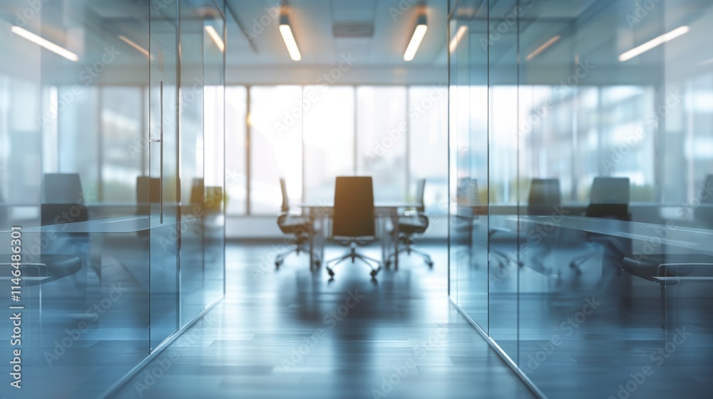 Modern empty glass-walled office conference room with city view.