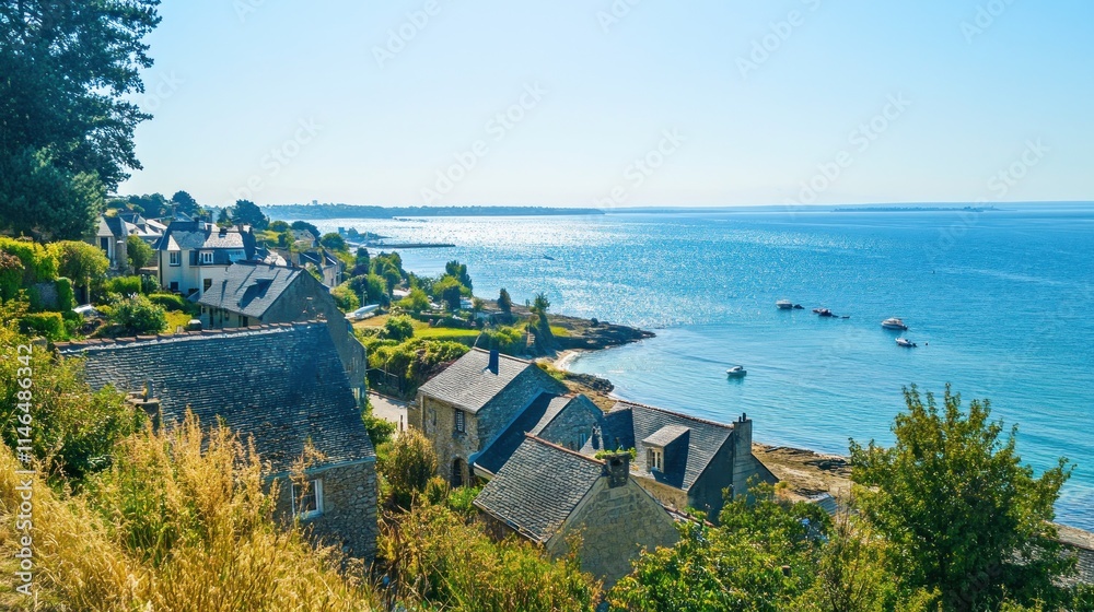 Obraz premium Coastal view with houses and boats by the serene blue sea under a clear sky.