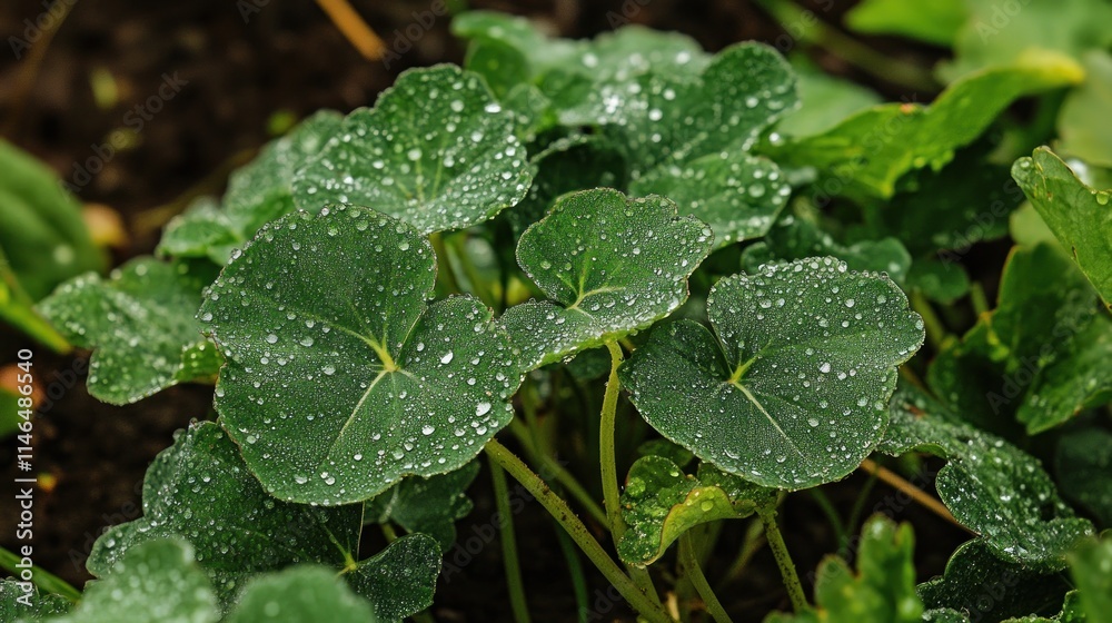 Dewdrops adorn lush green leaves of a plant Dewdrops adorn lush green leaves of a plant