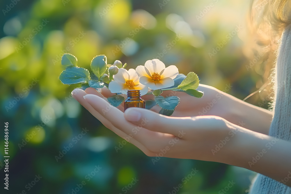 Woman holding flower and essential oil in garden.
