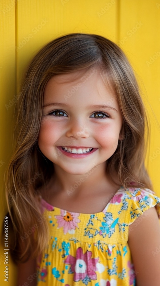 Portrait of a cheerful young child with bright blue eyes and a genuine smile wearing a colorful floral summer dress against a vibrant yellow background, radiating pure joy and innocence. Portrait of a cheerful young child with bright blue eyes and a genuine smile wearing a colorful floral summer dress against a vibrant yellow background, radiating pure joy and innocence.