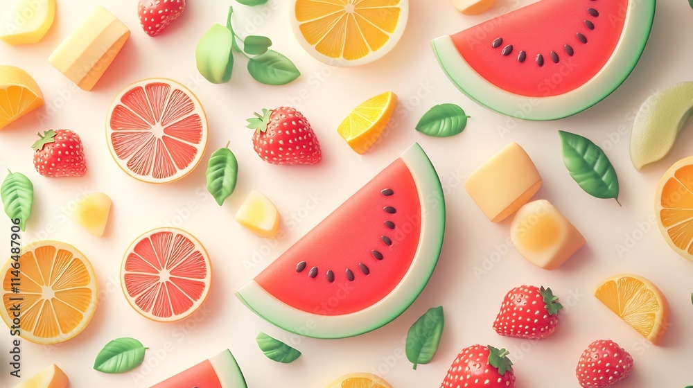 Summer Fruits Delight: A Vibrant 3D Render of Watermelon, Strawberries, Citrus, and Candy Summer Fruits Delight: A Vibrant 3D Render of Watermelon, Strawberries, Citrus, and Candy