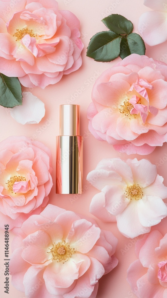 Elegant golden lipstick surrounded by delicate pink and white roses on pastel background, creating luxurious beauty flatlay composition for cosmetic branding and feminine design. Elegant golden lipstick surrounded by delicate pink and white roses on pastel background, creating luxurious beauty flatlay composition for cosmetic branding and feminine design.