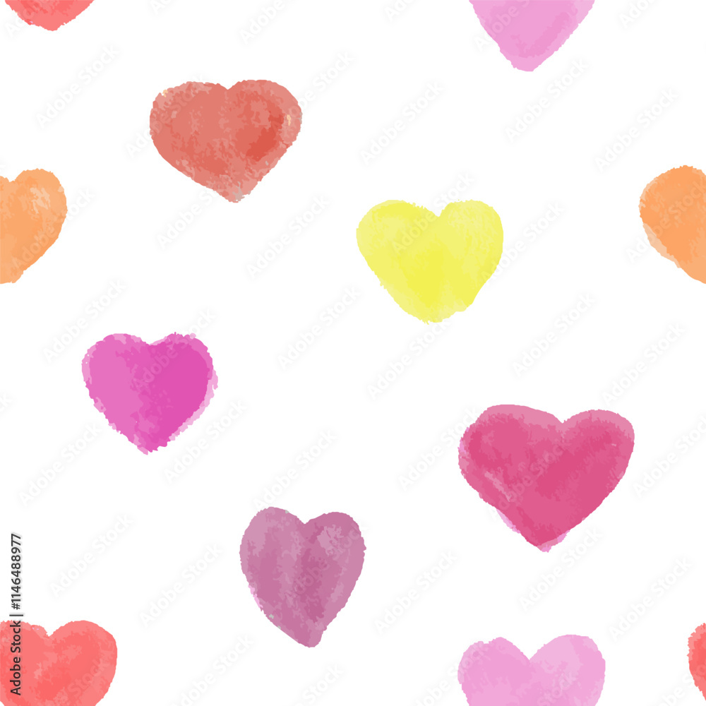 Pattern with watercolor harts in red, yellow, pink and orange. Hand draw. Vector, isolated. Pattern with watercolor harts in red, yellow, pink and orange. Hand draw. Vector, isolated.