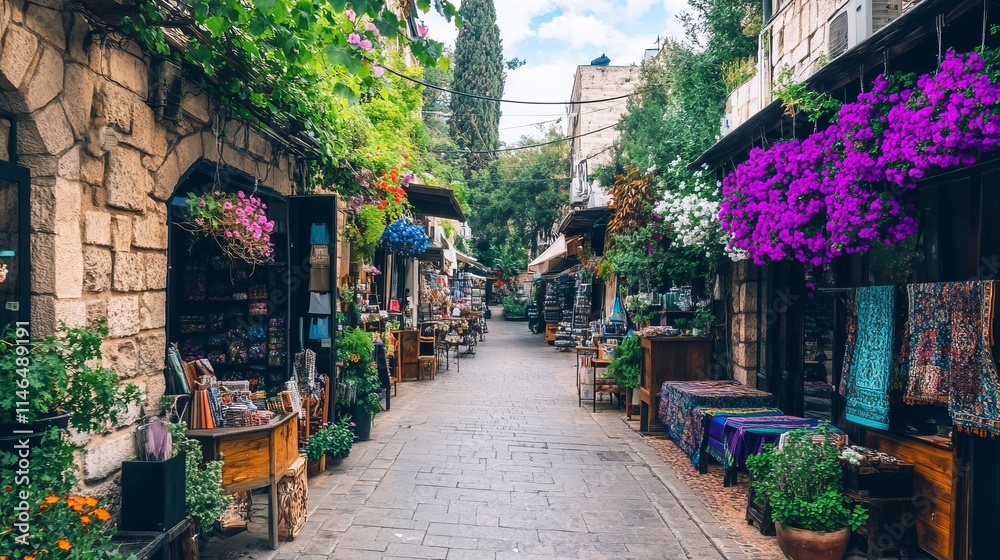 Fototapeta premium Charming Flower-Lined Street in Old City Market