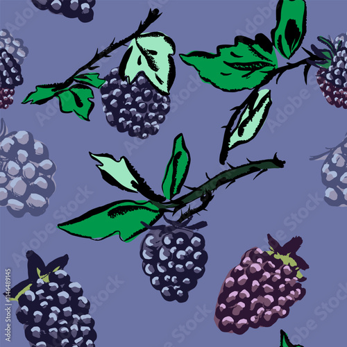 Seamless pattern of blackberry. Doodle, hand draw. Vector, isolated with texture.