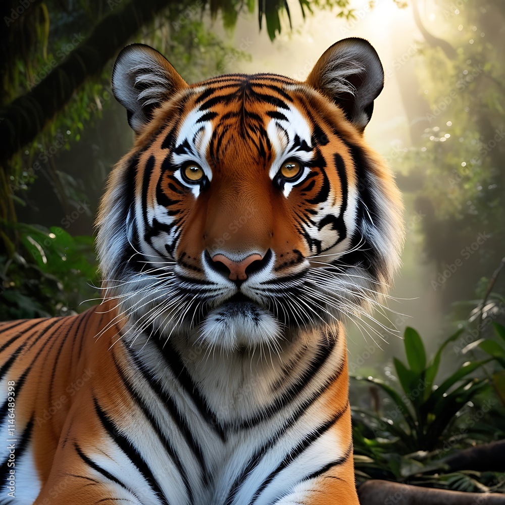 Fototapeta premium A tiger is in the jungle with the sun behind him.