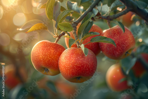 Red apples hanging from a branch in an orchard during a warm golden hour of late afternoon. Generative AI