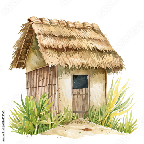 A watercolor vector of a small island hut with thatched roofing, isolated on a white background. Small island hut thatched roofing vector.
