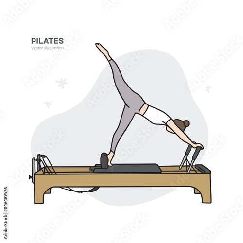 This is an illustration of a woman exercising through device Pilates. It is a hand-drawn health-related person vector element.
