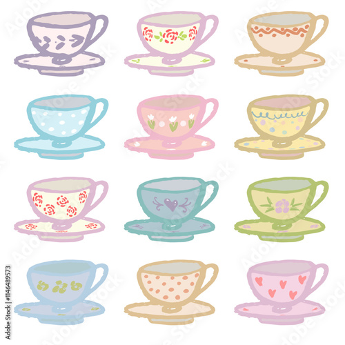 Tea cups on a white background with different ornaments. Vector, isolated. Hand draw, brush strokes and texture