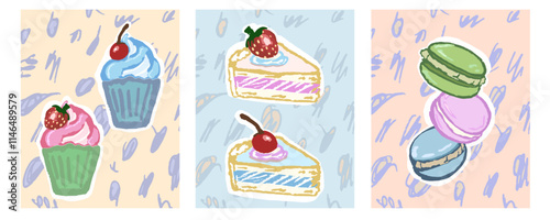 Banner with sweets: cake, macaroons, and cupcakes. Hand draw, vector pattern with texture, interesting colors and background.