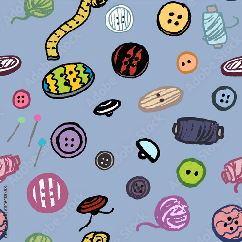 Seamless pattern with a lot of different buttons. Vector, isolated. Hand draw, doodle. New, interesting and colorful.