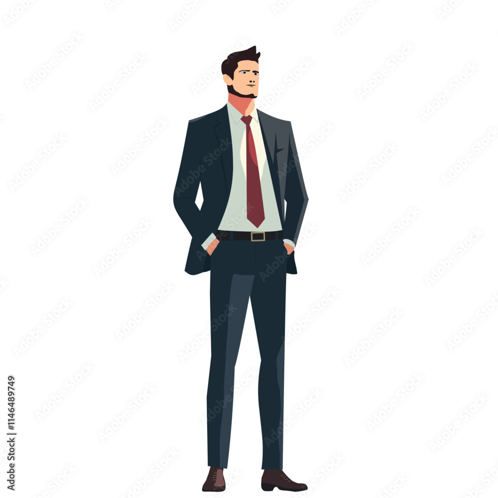 Vector illustration of a confident businessman in a formal suit, representing leadership, ambition, and professional success. Ideal for business, career, and motivation concepts Vector illustration of a confident businessman in a formal suit, representing leadership, ambition, and professional success. Ideal for business, career, and motivation concepts