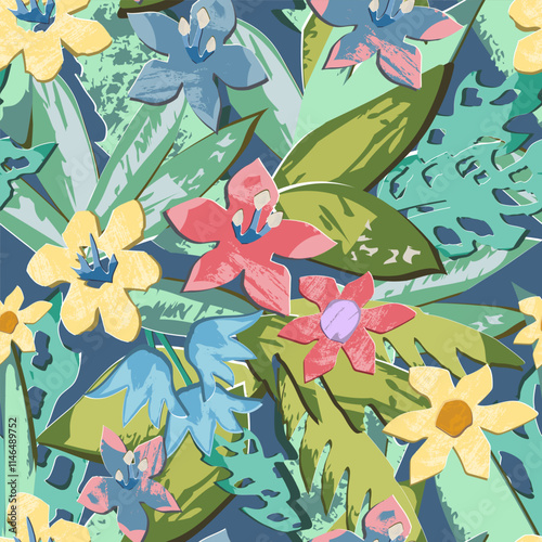 Pattern of flowers and leaves, rein Forest. Palm leaves, Aloe. Cut out of the paper like. Vector with texture and shadow. Isolated. Free hand draw.