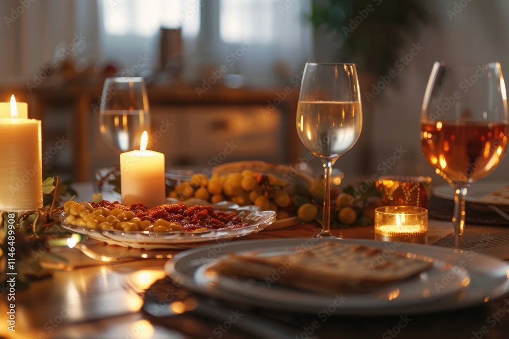A cozy dinner setup with candles, wine glasses, and plates of appetizers, creating a warm and inviting atmosphere A cozy dinner setup with candles, wine glasses, and plates of appetizers, creating a warm and inviting atmosphere