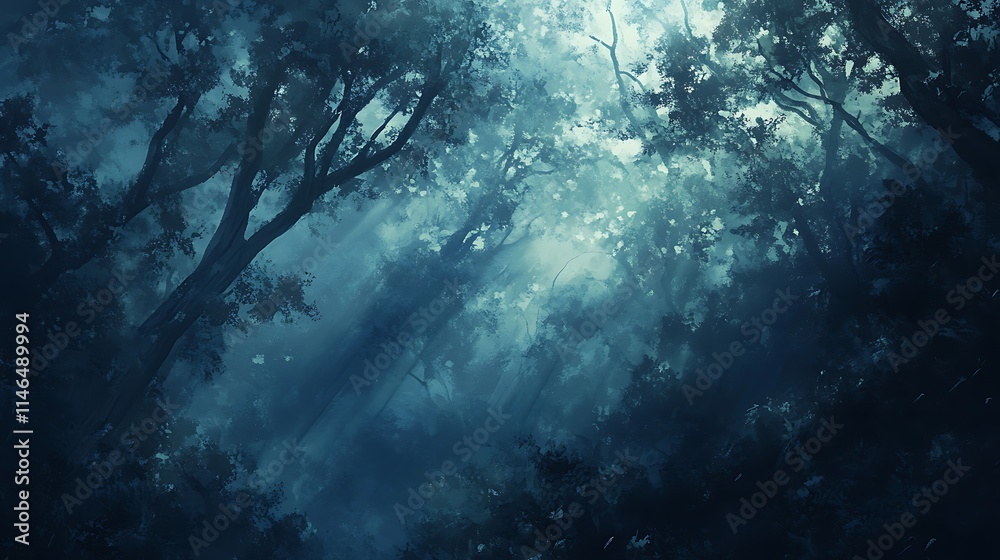 Obraz premium Soft, ethereal rays of sunlight peek through the branches of a dense forest, casting cool, dark shadows and highlighting the delicate beauty of nature’s textures