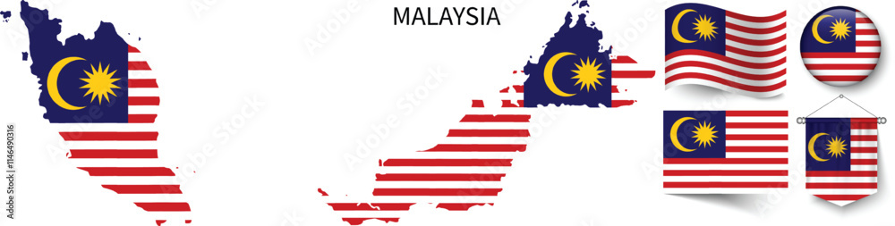 The different designs of Malaysia's national flags and the map showing Malaysia's borders