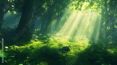 A patch of sunlight breaks through the dense forest canopy, casting long shadows on the lush, green undergrowth, evoking a sense of tranquility and magic 