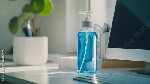 Promoting hygiene with blue hand soap dispenser home office product photography bright environment close-up cleanliness concept photo