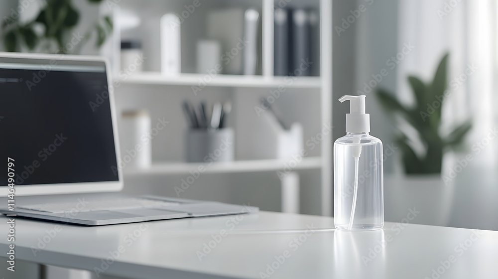 Stylish hand sanitizer dispenser on modern desk home office product display bright environment close-up view cleanliness concept Stylish hand sanitizer dispenser on modern desk home office product display bright environment close-up view cleanliness concept