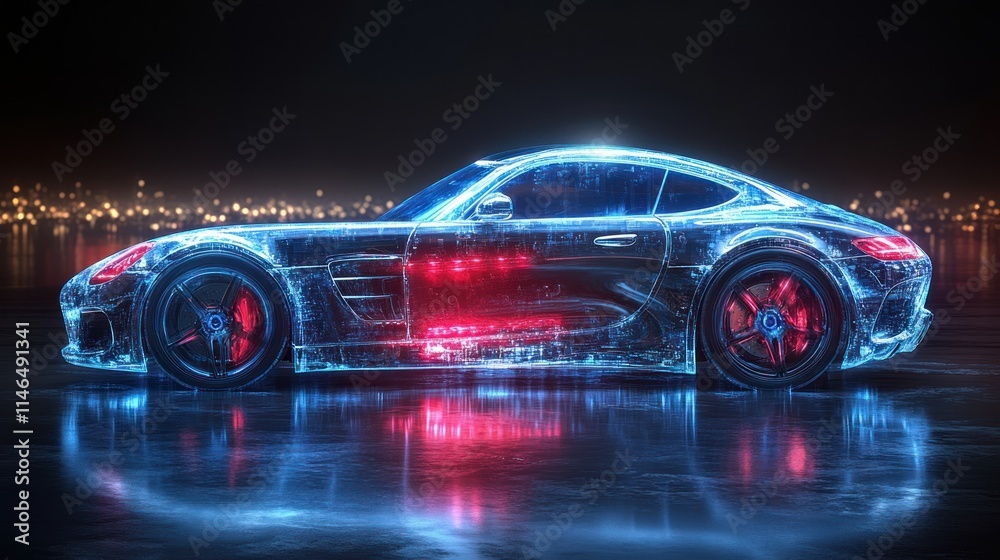 A futuristic car design with a transparent, glowing exterior and vibrant lighting effects. A futuristic car design with a transparent, glowing exterior and vibrant lighting effects.