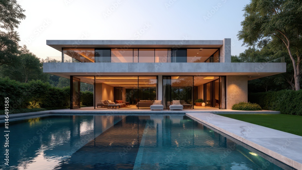 Elegant casa moderna with geometric lines, a lush garden, infinity pool, and large windows, highlighted by warm evening tones creating a cozy vibe