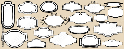 Set of labels. Hand draw with brush texture.Doodle, hand draw, ink. Vector, isolated.