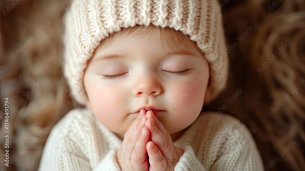 Baby wearing a knitted hat with hands together as if in prayer, eyes closed, symbolizing innocence, peace, and hope in a serene and tender moment. Baby wearing a knitted hat with hands together as if in prayer, eyes closed, symbolizing innocence, peace, and hope in a serene and tender moment.