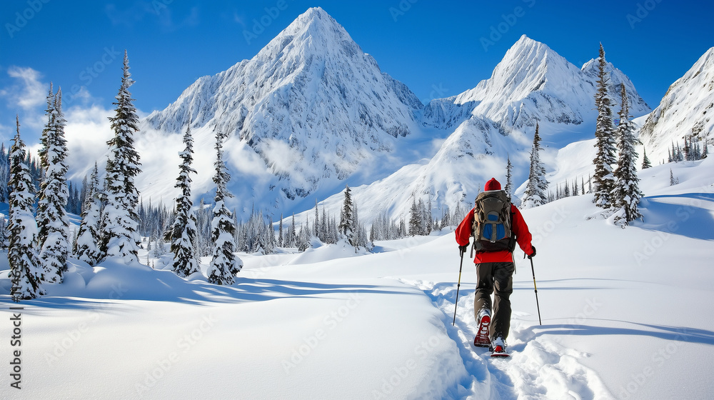 Hiker Snowshoeing in Pristine Winter Mountain Landscape Hiker Snowshoeing in Pristine Winter Mountain Landscape