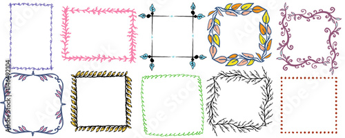 Interesting frames, hand draw, doodle, isolated. Vector graphics. Leaves and brunches, dots, scribble.