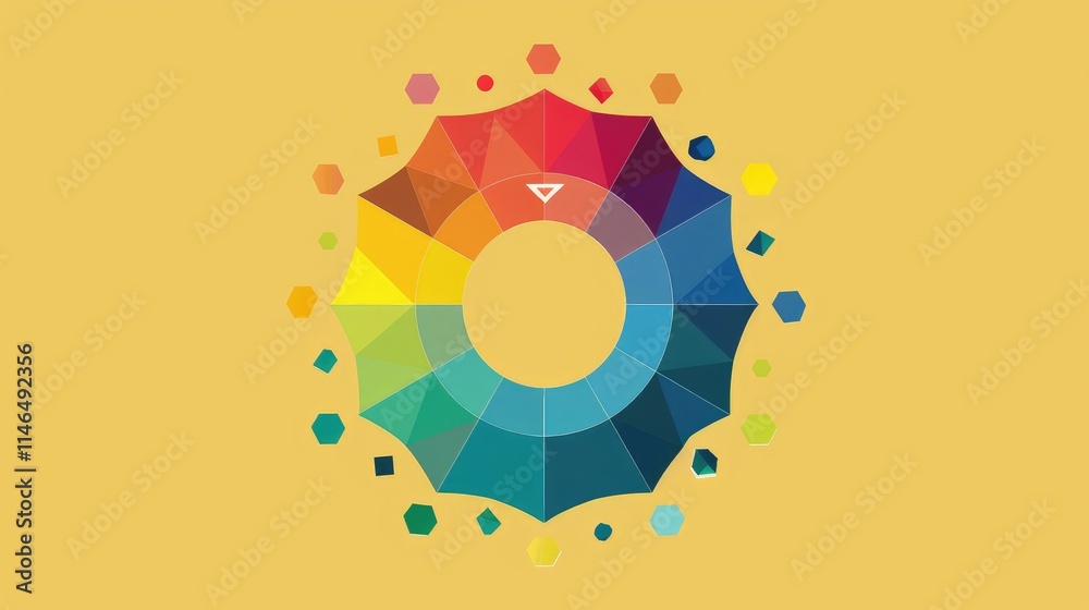 Vibrant Color Wheel with Gradient Hexagons on Yellow Background Vibrant Color Wheel with Gradient Hexagons on Yellow Background