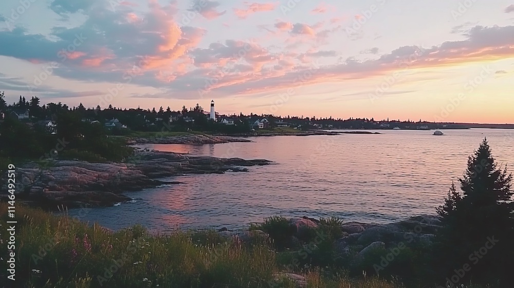 Fototapeta premium Coastal Town Sunset with Lighthouse and Rocky Shore