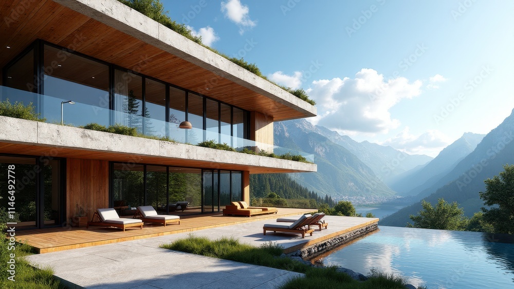 Fototapeta premium Luxurious casa moderna with clean geometric lines, lush greenery, a sleek infinity pool, and warm evening tones enhancing the architecture