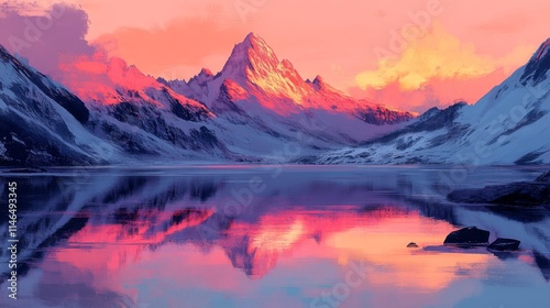 Majestic Mountain Peak Reflecting In Calm Lake Sunset