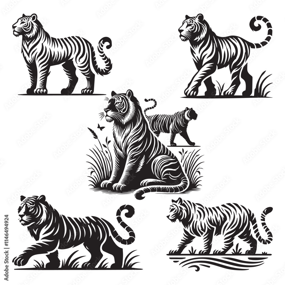 Obraz premium Set of stylized silhouettes of standing in different poses tigers. Isolated on white background. Tiger logo designs set. With stripes and without.