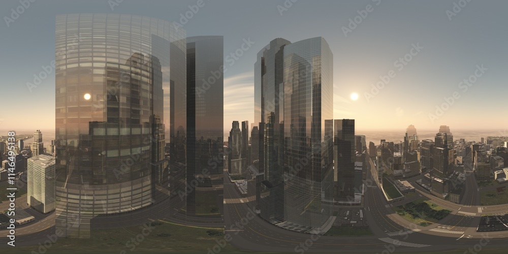 Fototapeta premium Panorama of the city. Environment map. HDRI map. equidistant projection. Spherical panorama. 3D rendering