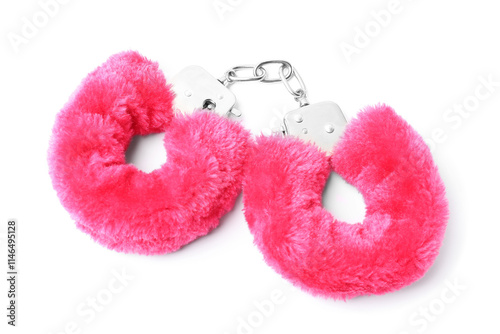 Bright fluffy handcuffs isolated on white. Sex toy photo