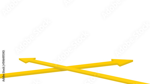 Two 3d yellow arrows crossing each other and pointing in opposite directions on a white background